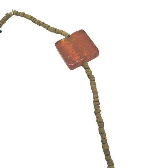 Wooden Bead Necklace Red Glass Square Pendant Beachy Coastal Spring Break 21 in - Picture 4 of 5